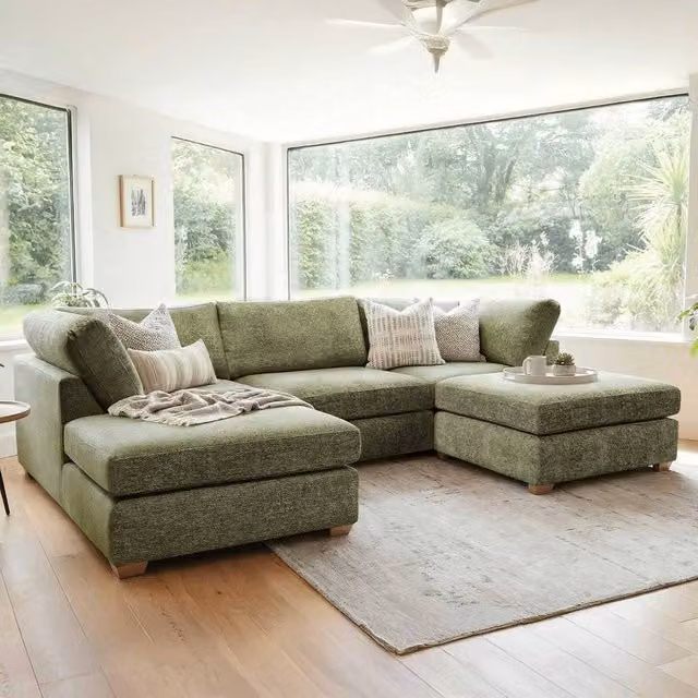 Furnishings For Less UK Kenzo U-Shaped 4-5 Seater Chenille Fabric Sofa in Olive Green