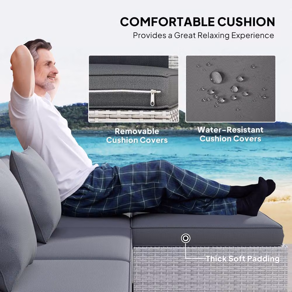Matteo 6-Piece Mixed Grey Rattan Corner Sofa Set with Glass Table – 5