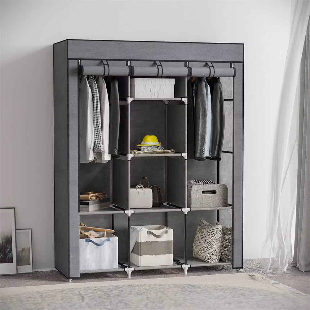 Kelvenix Grey Fabric Portable Wardrobe with Roll Shutter and Internal Shelves, H 162.5 x W 103.0 cm – 3
