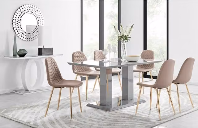 FurnitureboxUK Imperia Grey Glass Dining Table and 6 Corona Gold Leg Chairs in Cappuccino