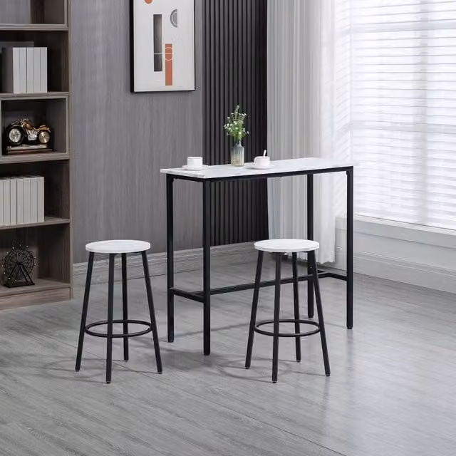 HOMCOM 3 Piece Modern Bar Table and Stools Set with Steel Frame in White
