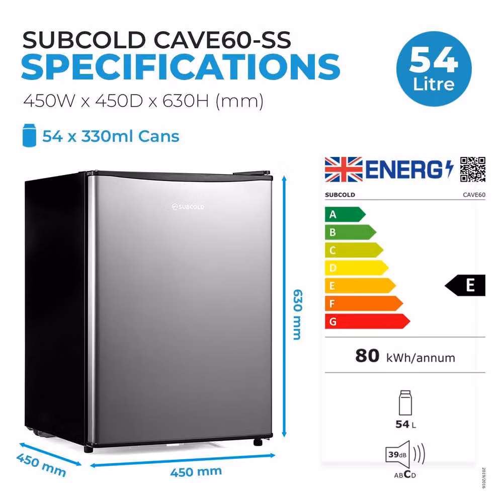Subcold Cave60 Stainless Steel Solid Door Drinks Fridge in Silver with LED Interior Light and Reversible Door, W/D/H: 45 x 45 x 60 cm – 5