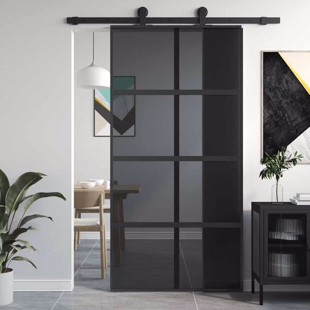 Berkfield Home Modern Sliding Door in Black with Transparent Tempered Glass and Aluminium, W: 102.5 cm, H: 205 cm – 2