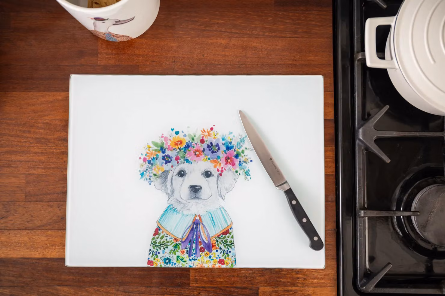 Mikasa Tipperleyhill Glass Worktop Protector, Multicolour and White Puppy Design, W: 40 cm, D: 30 cm, H: 1.21 cm – 5