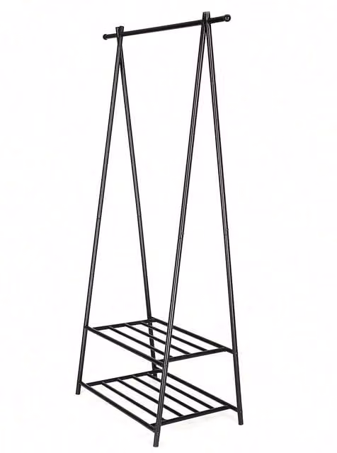 SONGMICS Black Matt Metal Coat Stand with 2-Tier Storage Shelf and A-Frame Design