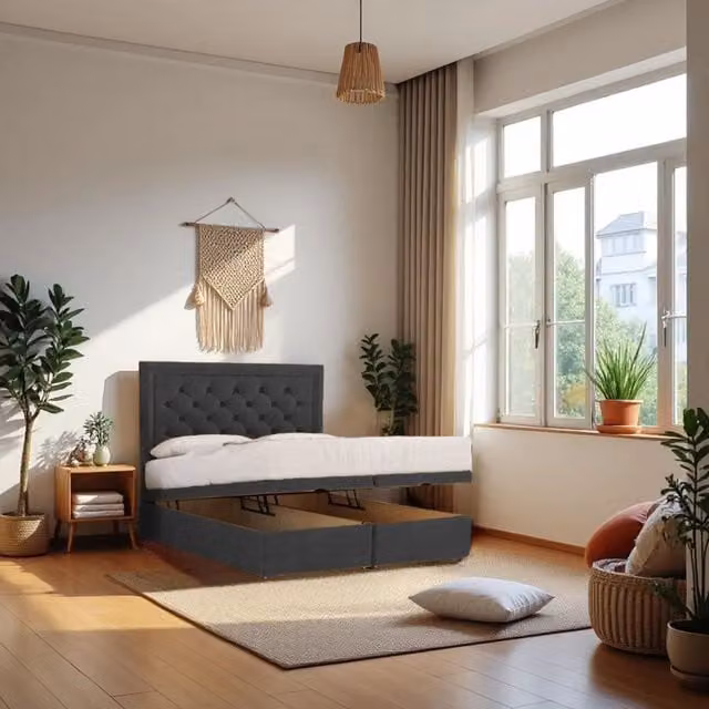 Knight Sleep Athens Double Ottoman Bed with Hybrid Mattress and 24 inch Headboard in Charcoal Grey Fabric
