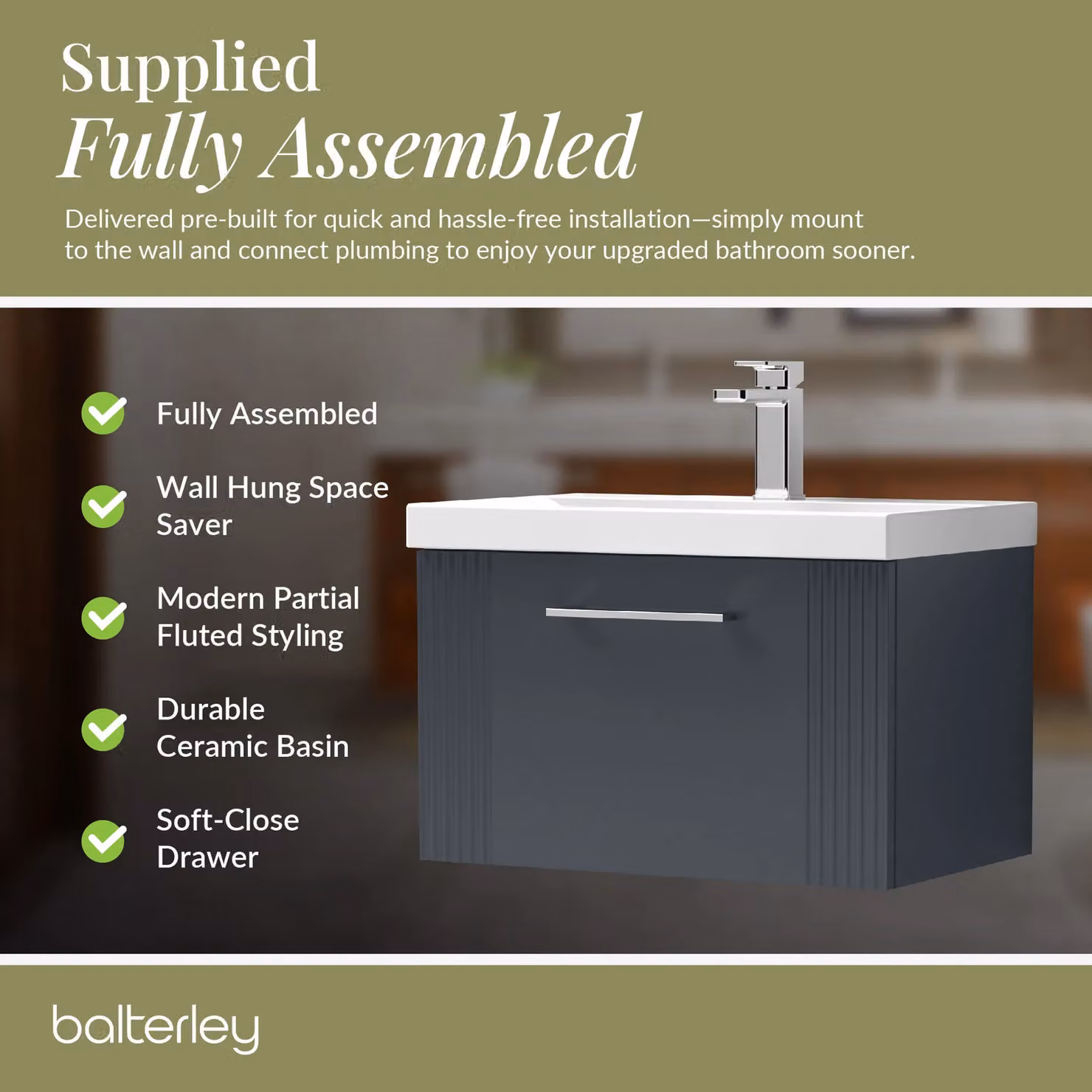 Balterley Wall Hung 1 Drawer Vanity Unit with Mid-Edge Basin, Satin Dark Grey, W: 60 cm, D: 39.9 cm, H: 60 cm – 4