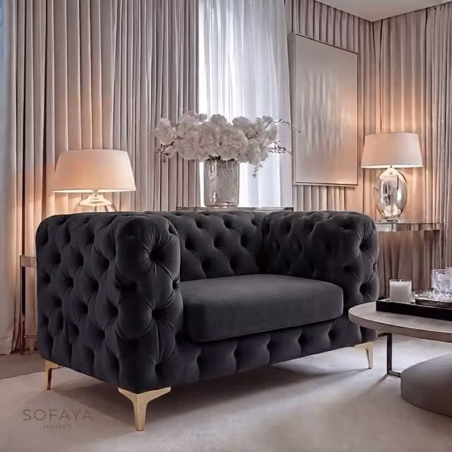 Sofaya Monaco Chesterfield Velvet Armchair in Black