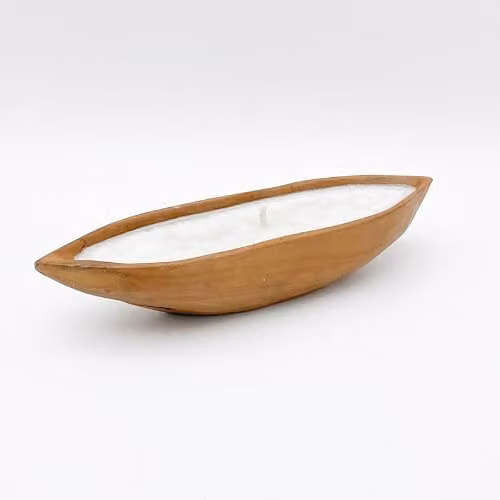 Minster Brown Wood Root Boat Bowl with Candle, W: 40 cm, D: 15 cm, H: 8 cm