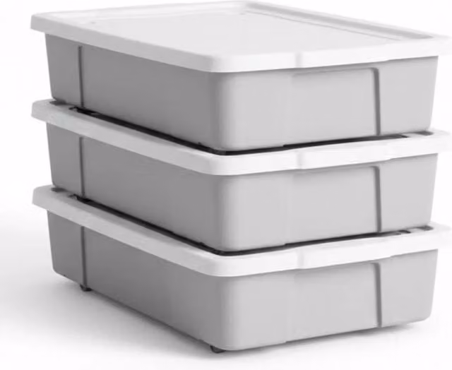 FLAVORA Set of 3 Grey Underbed Storage Boxes with Lids and Wheels, 47L each, W/D/H: 50 x 50 x 50 cm