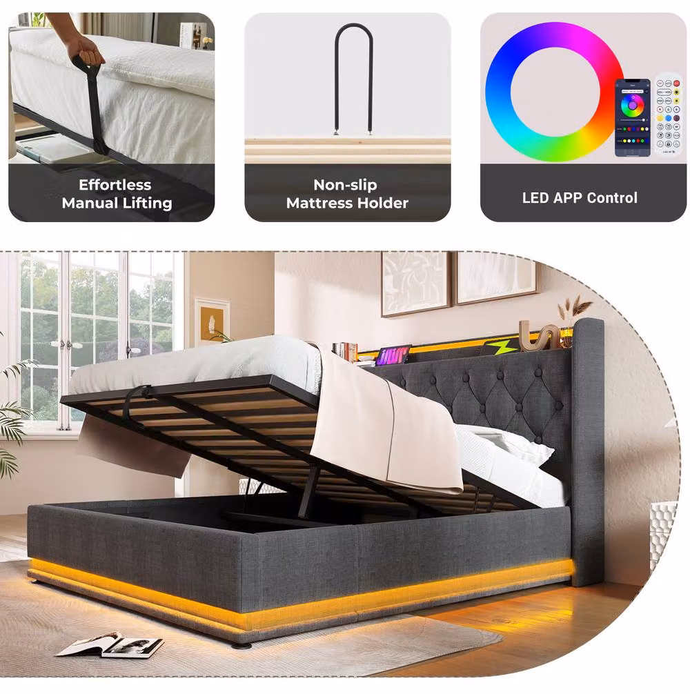 STILVORA Grey Upholstered Double Ottoman Bed with Storage, USB Charging Port and Bedside Shelf, W/D/H: 135 x 190 x 104 cm – 4
