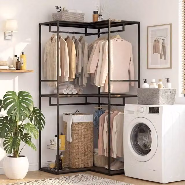 SPETLEK L-shaped Open Wardrobe Coat Rack with 3 Shelves and 4 Rails in Matt Black – 1