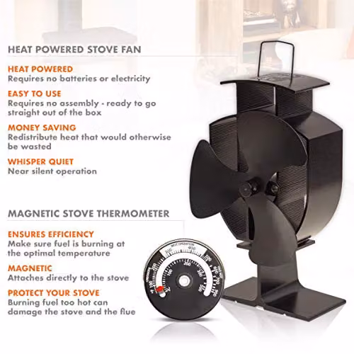 St Helens Prem-i-air Heat Powered 3 Blade Stove Fan and Magnetic Thermometer in Black – 3