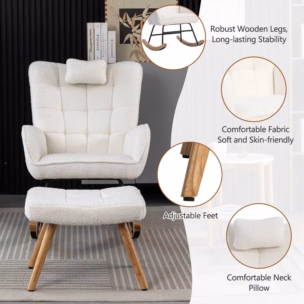 ModernLuxe White Bouclé Fabric Rocking Recliner Chair with Integrated Cushion, W/D/H: 93.0 x 35.0 x 15.75 cm – 3