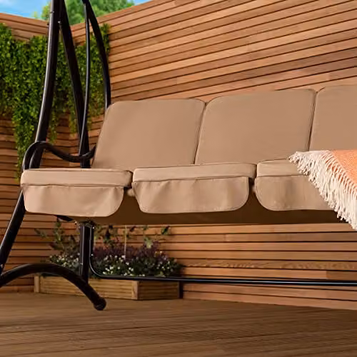 Charles Bentley 3 Seater Outdoor Swing Seat Bench with Sun Canopy and Cushions, Beige and Black, W/D/H: 280 x 119 x 201 cm – 3