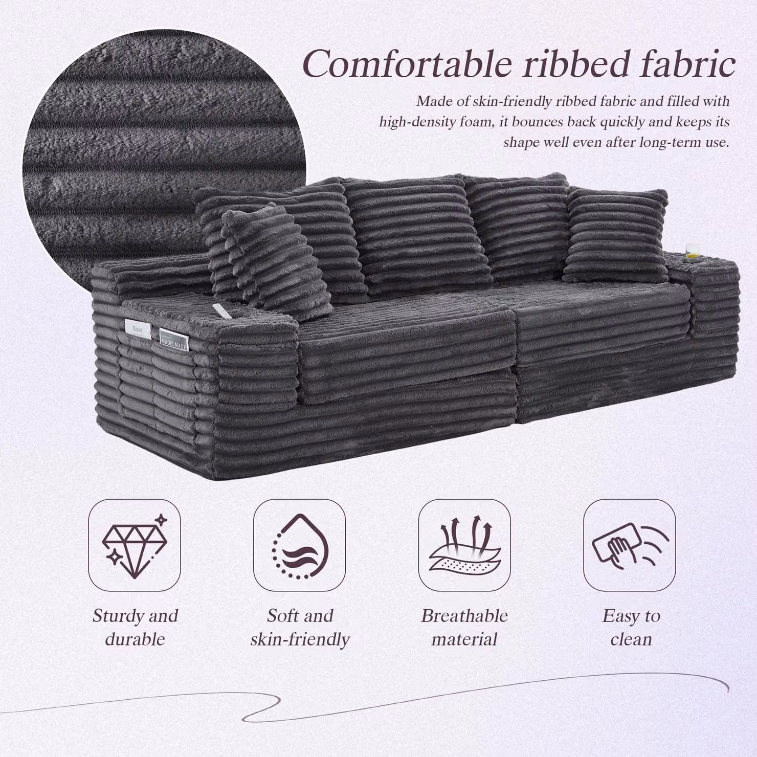 Aosom UK Dark Gray Ribbed Corduroy Convertible Sofa Bed with High Backrest, Extra Pillow and Dual Side Pockets, W/D/H: 38.5 x 107.5 x 34 cm – 3