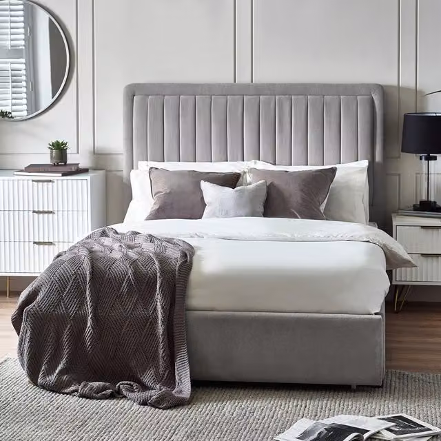 Julian Bowen Savannah Double Bed in Grey Velvet Fabric with Drawers, W/D/H: 140 x 200 cm