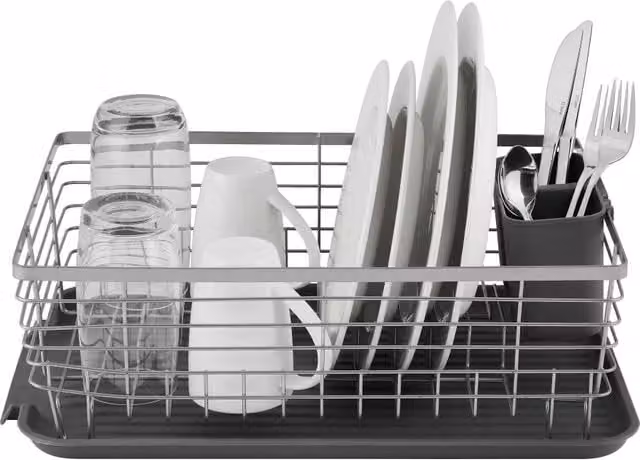 Tower Compact Dish Rack and Cutlery Holder with Removable Drip Tray, Grey, W: 40.0 cm, H: 146.0 cm – 1