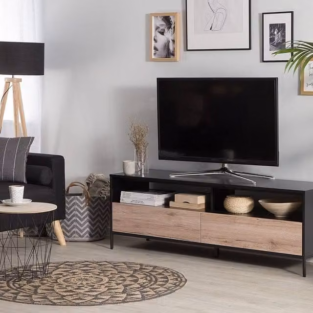 Wyld and Coco Nordic Scandinavian TV Stand in Light Timber with Black Metal Frame and 2 Drawers, Width: 150 cm – 1