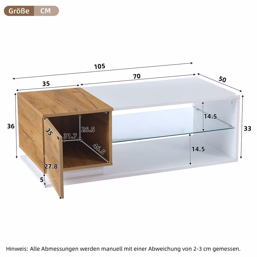 STILVORA Modern Coffee Table with LED Lighting and Glass Shelf in White and Natural Wood – 3
