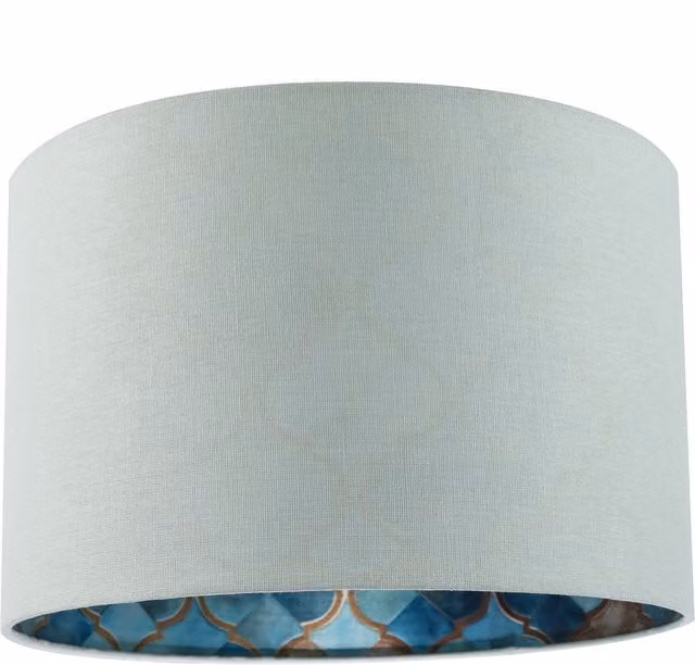 Happy Homewares Duck Egg Blue Linen Cylinder Lamp Shade with Moroccan Scale Pattern Lining in Blue and Gold/Brass, Diameter: 30 cm