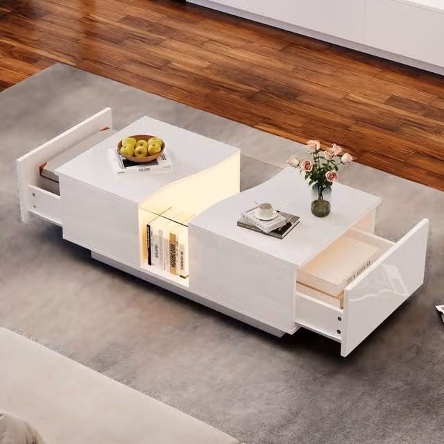 ModernLuxe High Gloss LED Coffee Table with 2 Drawer Storage in White