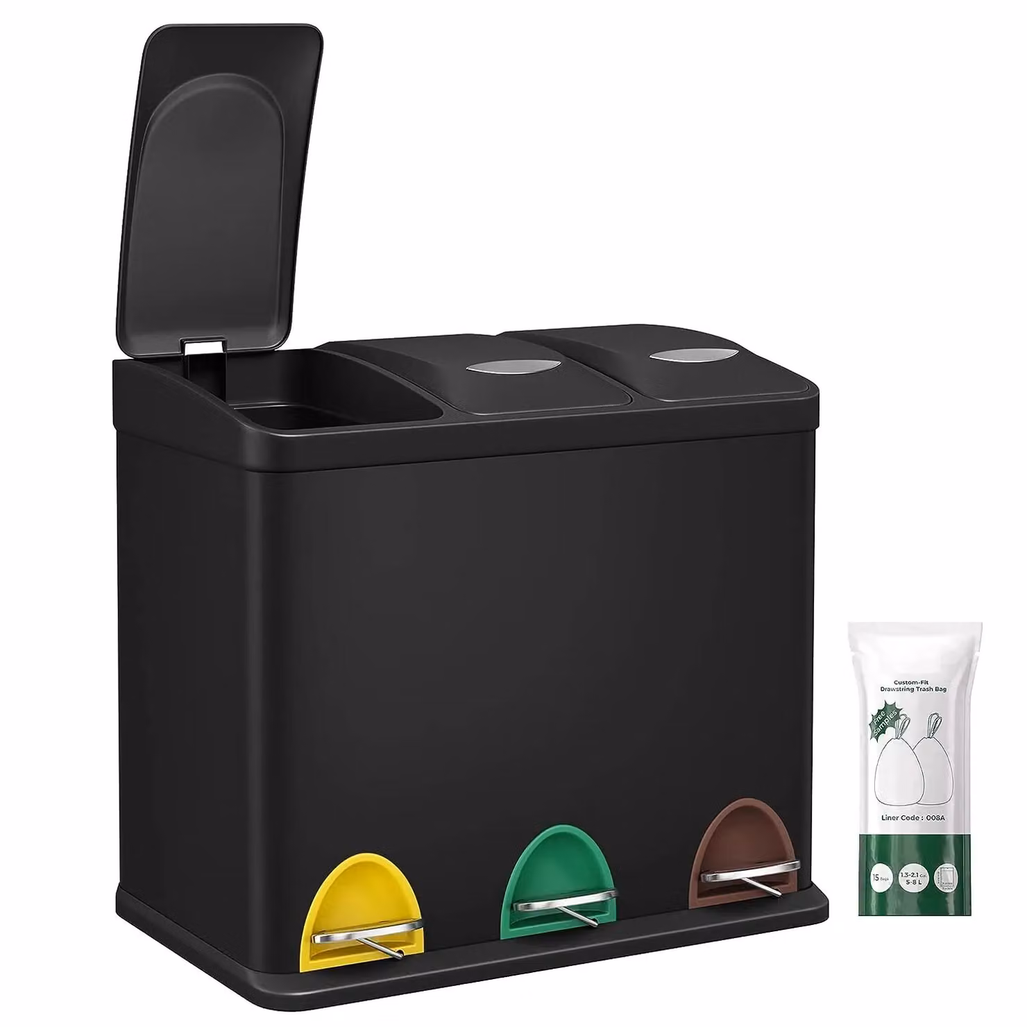 SONGMICS Triple Kitchen Waste Bin Recycling Can with Pedals and Lids, Black Steel – 6