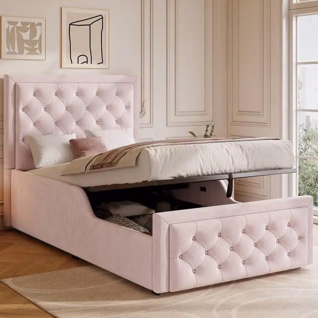 Rolipo Pink Velvet Upholstered Single Bed with Lift Up Storage and Headboard, W/D/H: 90 x 190 cm – 1