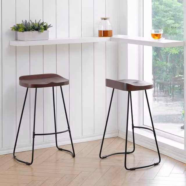 MH London Lara Saddle Solid Mango Wood Bar Stools in Brown with Metal Frame