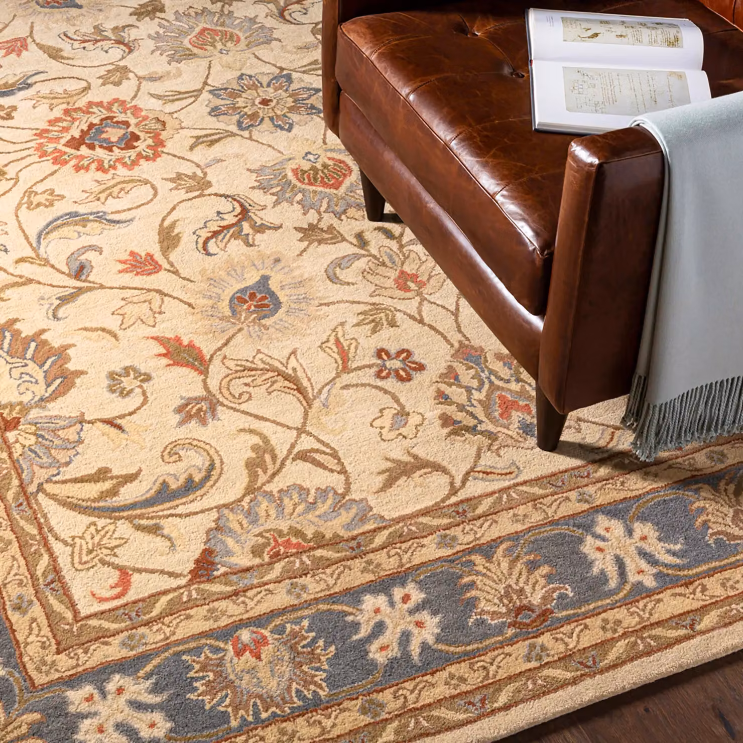 Livabliss Caesar Hand Tufted Wool Traditional Floral Rug in Blue, Brown and Multicolour, W x W: 120 x 120 cm – 5