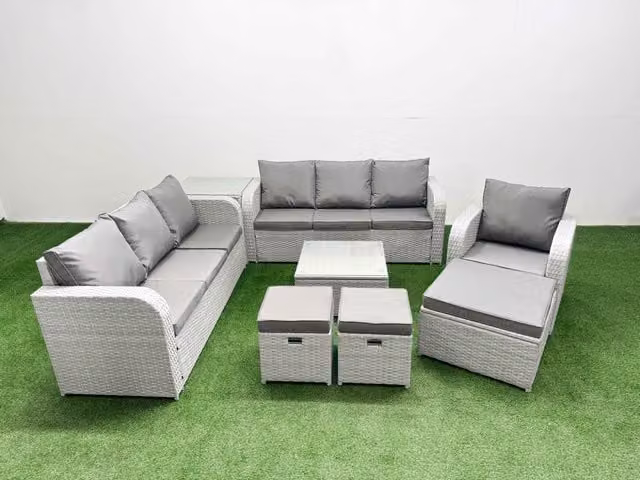 Fimous 10 Seater Poly Rattan Garden Furniture Set in Grey with Coffee Table, 3 Seater Sofas, Reclining Chairs, and Ottomans