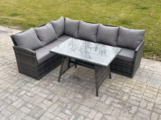 Fimous 6 Seater Wicker Rattan Garden Furniture Corner Sofa Set with Oblong Dining Table in Dark Grey