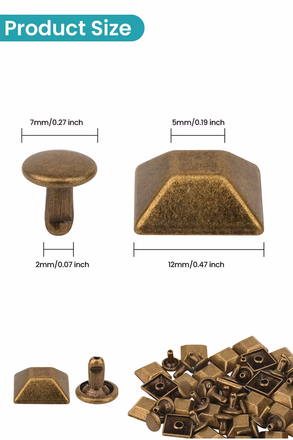Neel Blue 12mm Pyramid Feet Caps with 7mm Back Rivets, 25 Pieces, Bronze and Blue Alloy – 2