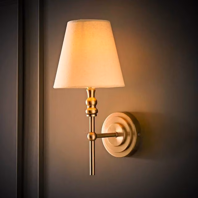 ValueLights Maggie Candlestick Wall Light with Linen Tapered Shade and Bulb in Silver