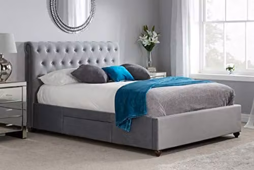 Birlea Marlow Grey Velvet Upholstered Storage Bed Frame with Drawers, W/D/H: 200 x 180 x 228.46 cm