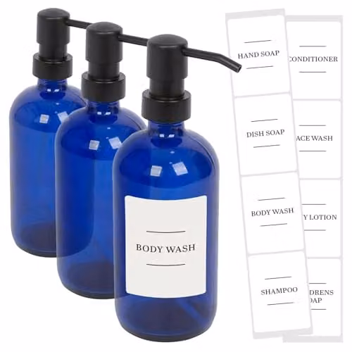 Harbour Housewares Pack of 3 Blue Glass Soap Dispensers with Black Pumps and White Labels, 500ml