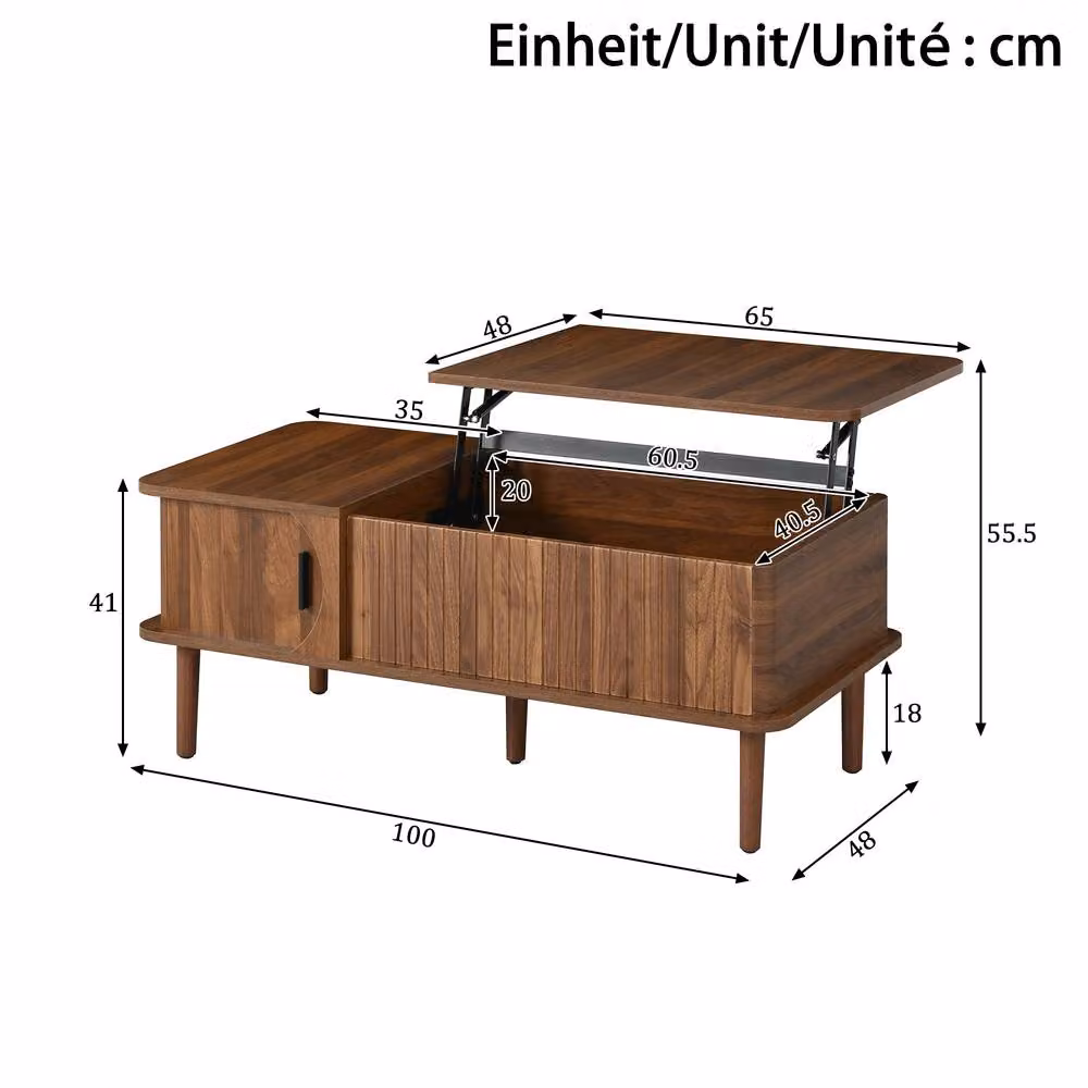Merax Modern Lift Top Coffee Table with Sliding Door Storage in Walnut Brown, W: 100 cm, D: 60 cm, H: 48 cm – 2