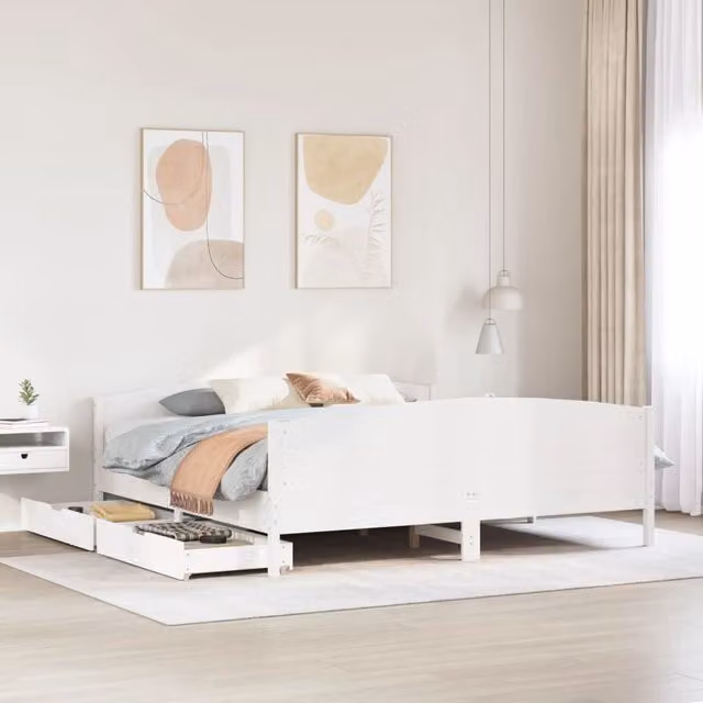 Berkfield Home White Solid Wood Pine Bed Frame with Drawers W/D/H: 160 x 200 cm