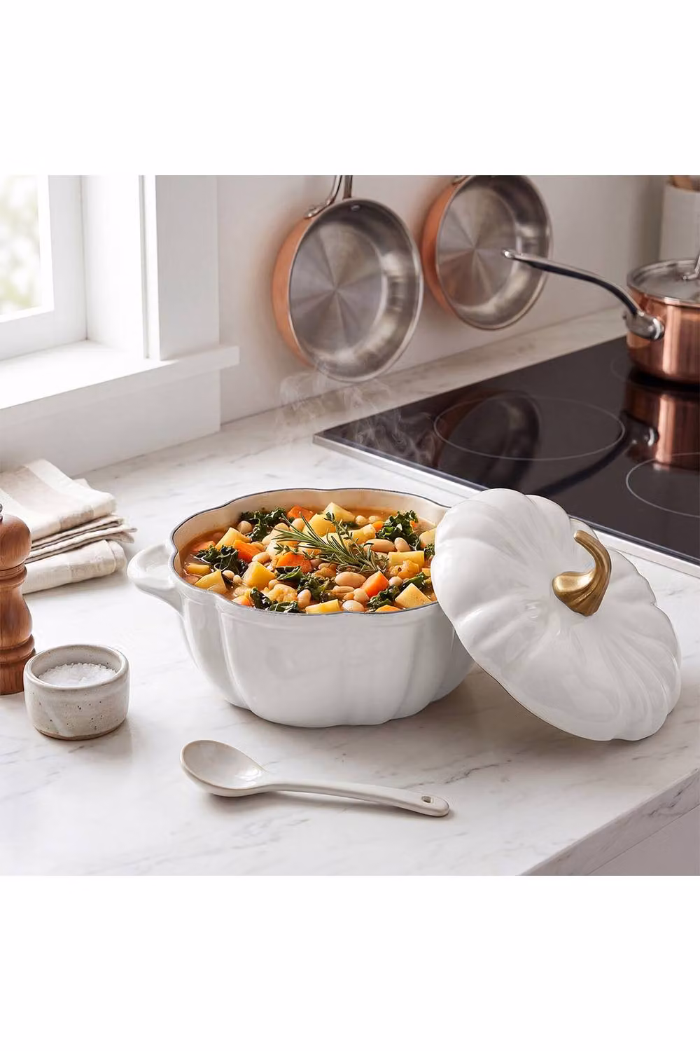 Living and Home Enamelled Cast Iron Pumpkin Dutch Oven with Lid and Handles in White – 2
