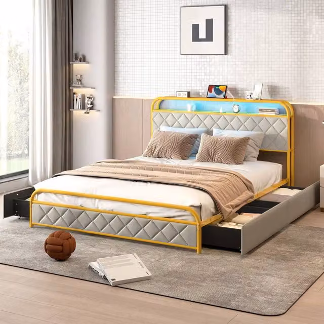 Costway King Size Modern Faux Leather Upholstered Platform Bed with Drawers, USB Charging Port and Under-Bed Lighting, Grey, W/D/H: 180 x 200 cm