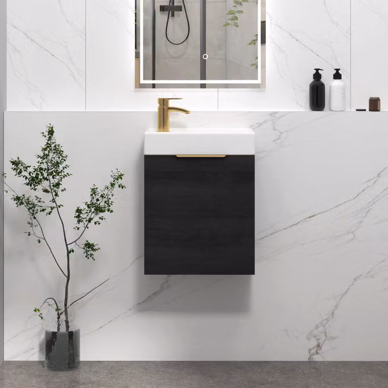 Royal Bathrooms Como Wall Hung Cloakroom Vanity Unit with Basin, Hale Black with Brushed Brass Handle