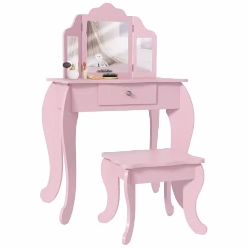 HOMCOM Kids Vanity Table and Chair Set with Tri-Folding Mirror and Stool in Pink – 1