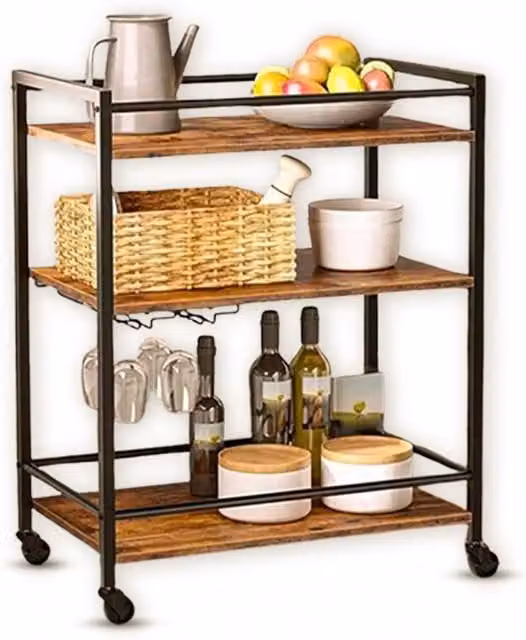 HYGRAD BUILT TO SURVIVE Industrial Kitchen Serving Cart Trolley in Brown and Black with Wood Tiers and Castors