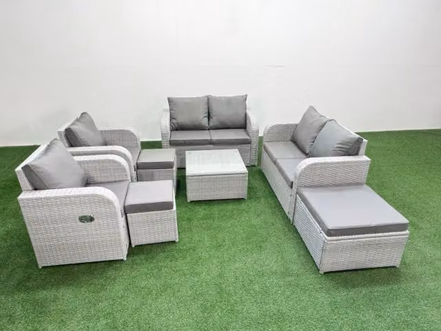 Fimous 9 Seater Rattan Garden Furniture Set in Light Grey with Reclining Sofa, Coffee Table and Ottomans