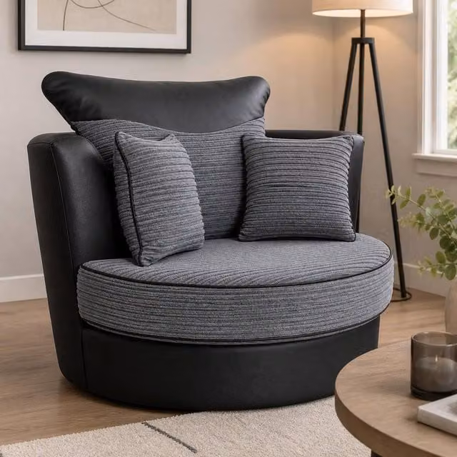 Furnishings For Less UK Dino Round Swivel Chair in Black and Grey Striped Fabric with 360 Degree Rotation, H 85 cm x W 102 cm x D 100 cm