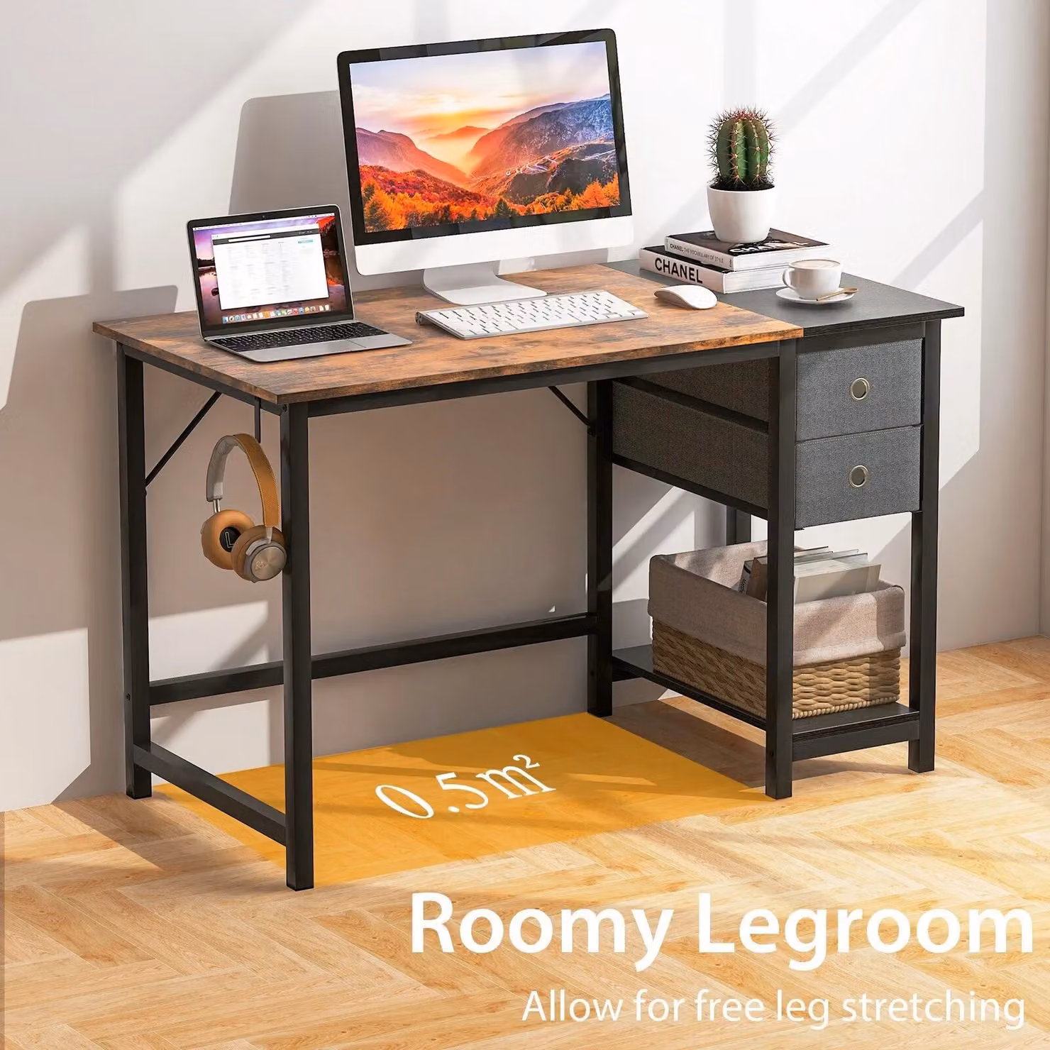 Costway Modern Brown Computer Workstation Home Office Desk with 2 Drawers, Width: 120 cm – 6
