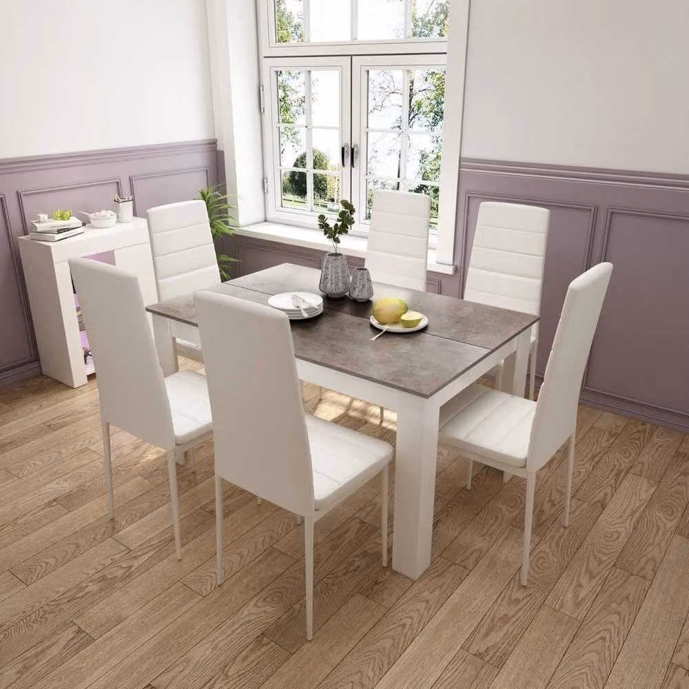 FORGEVIO Modern Grey Rectangular Dining Table and 6 White Chairs Set – 2