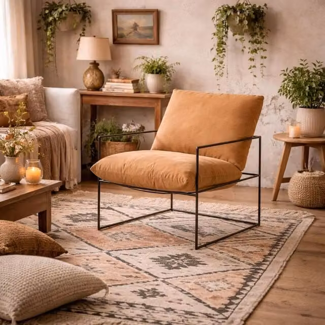 Wyld Haus Drogheda Tan Houseweave Accent Chair with Matt Black Metal Frame in Brown – 1