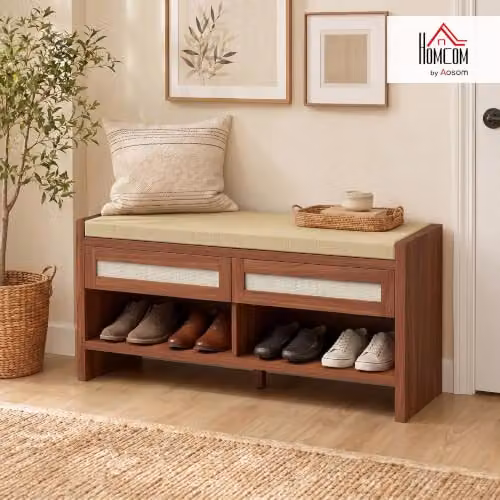 HOMCOM Boho Shoe Bench with 2 Rattan Drawers and Fabric Cushion, Brown, W: 108 cm, D: 35 cm, H: 50 cm – 2