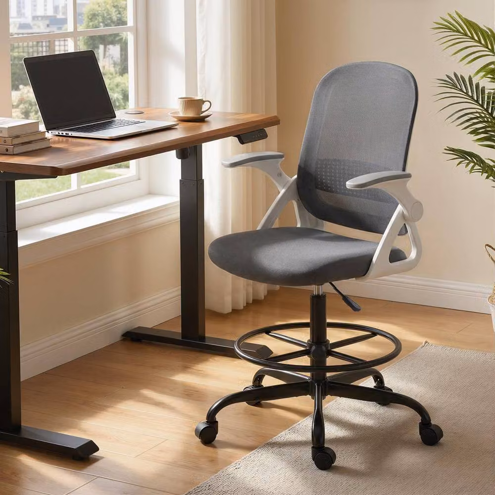 STILVORA Grey Fabric Drafting Chair with Flip-up Armrests and Foot Ring – 2